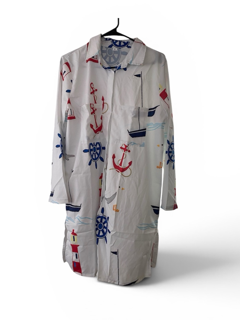 Nautical Print Button-Up Shirt Dress - White with Red & Blue Accents